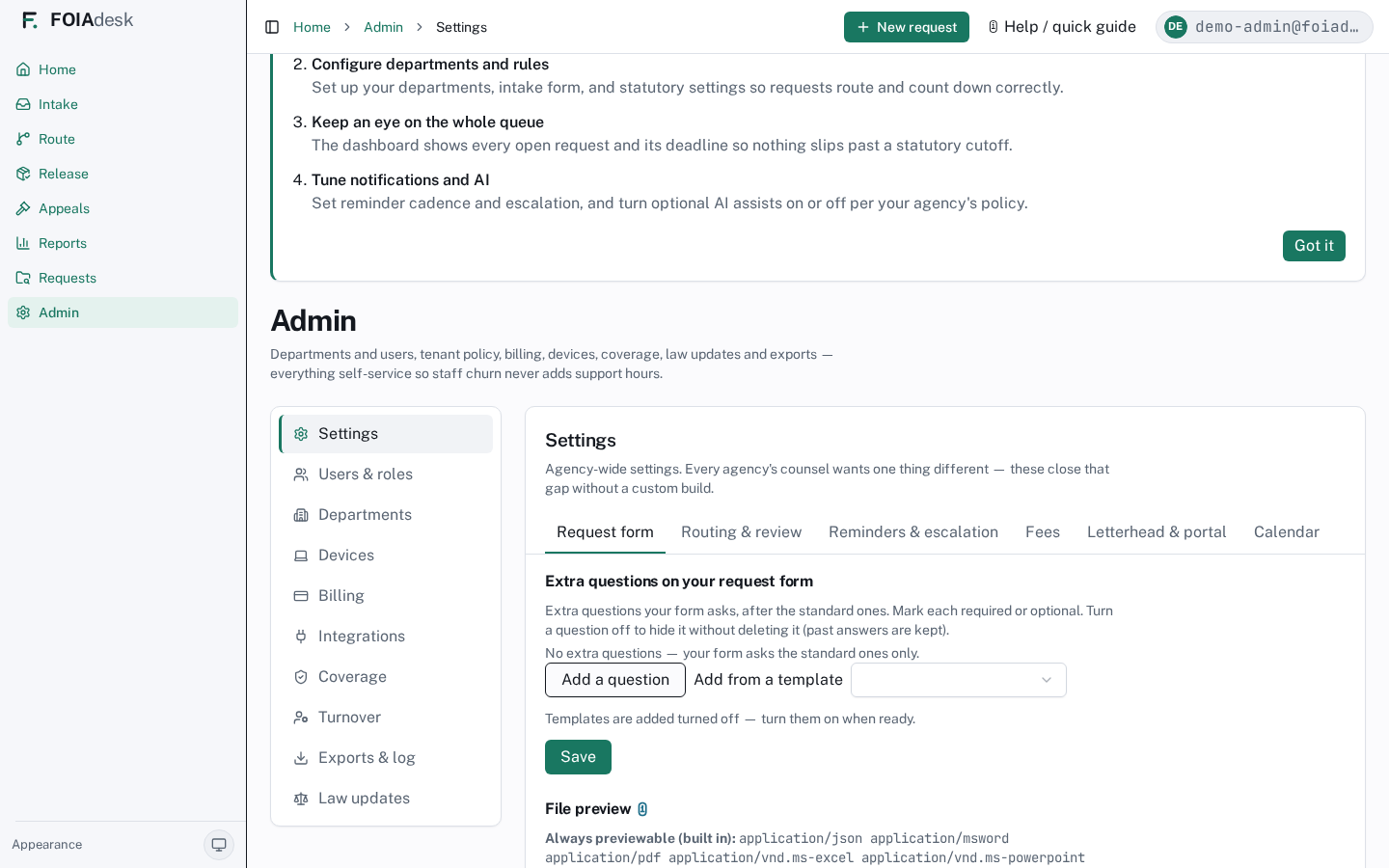 Agency settings — request form, routing, reminders, fees, letterhead, and calendar, all self-service.