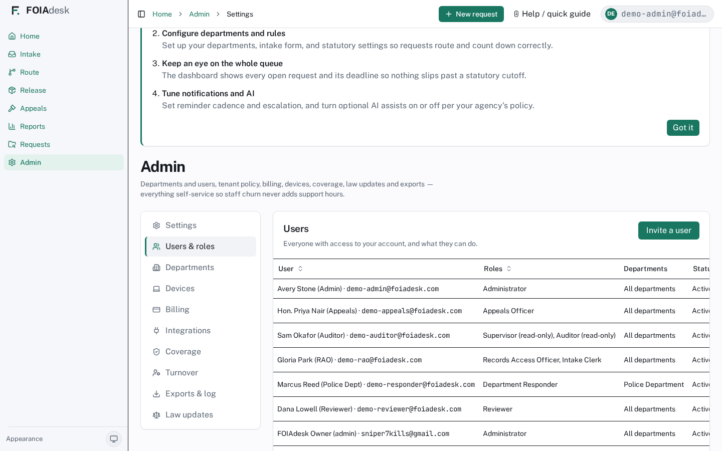 Users & roles: everyone with access and what they can do. Roles shown include Administrator, Records Access Officer, Department Responder, Reviewer, Appeals Officer, and Supervisor / Auditor (read-only).