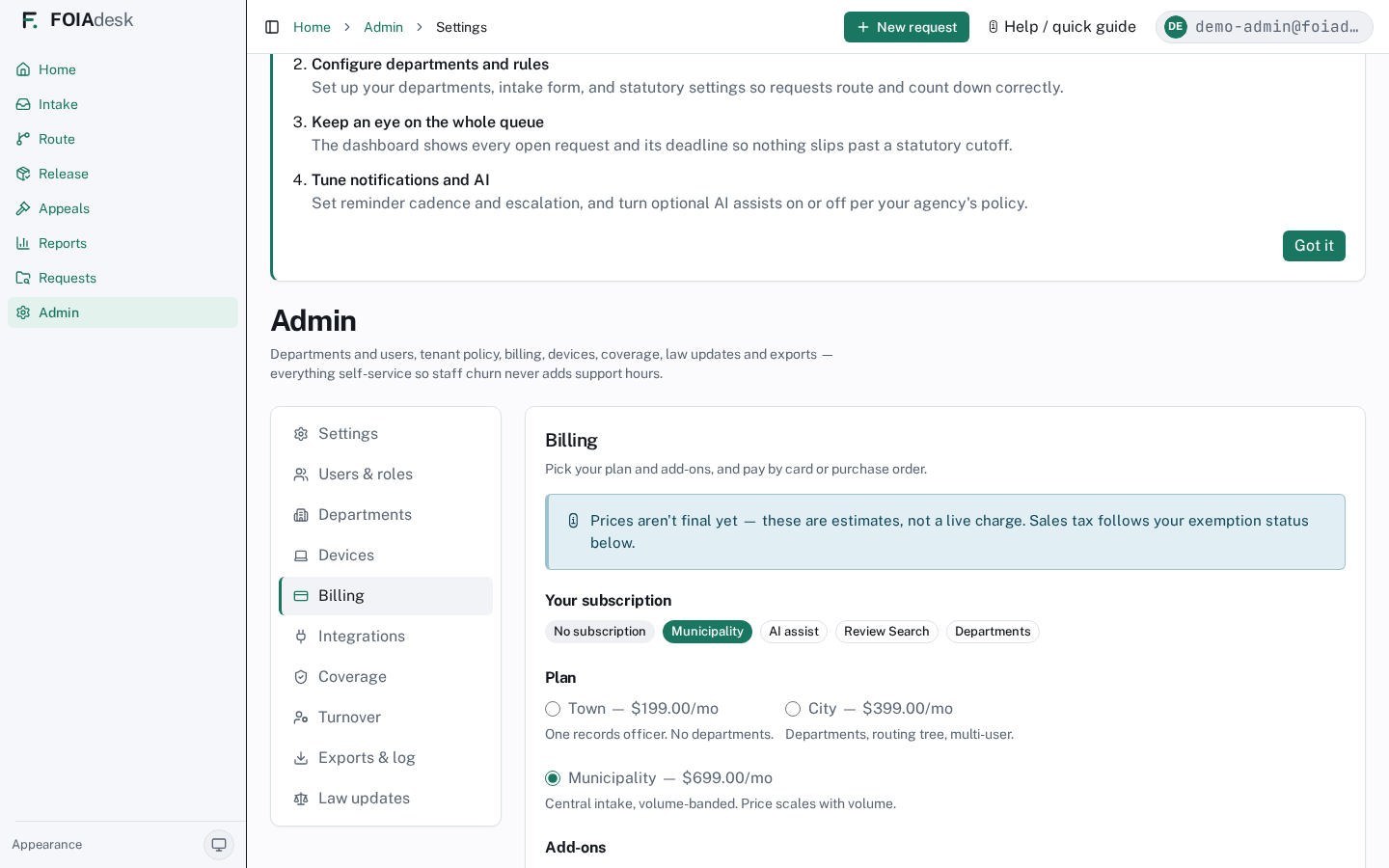 Billing: plan and add-ons.