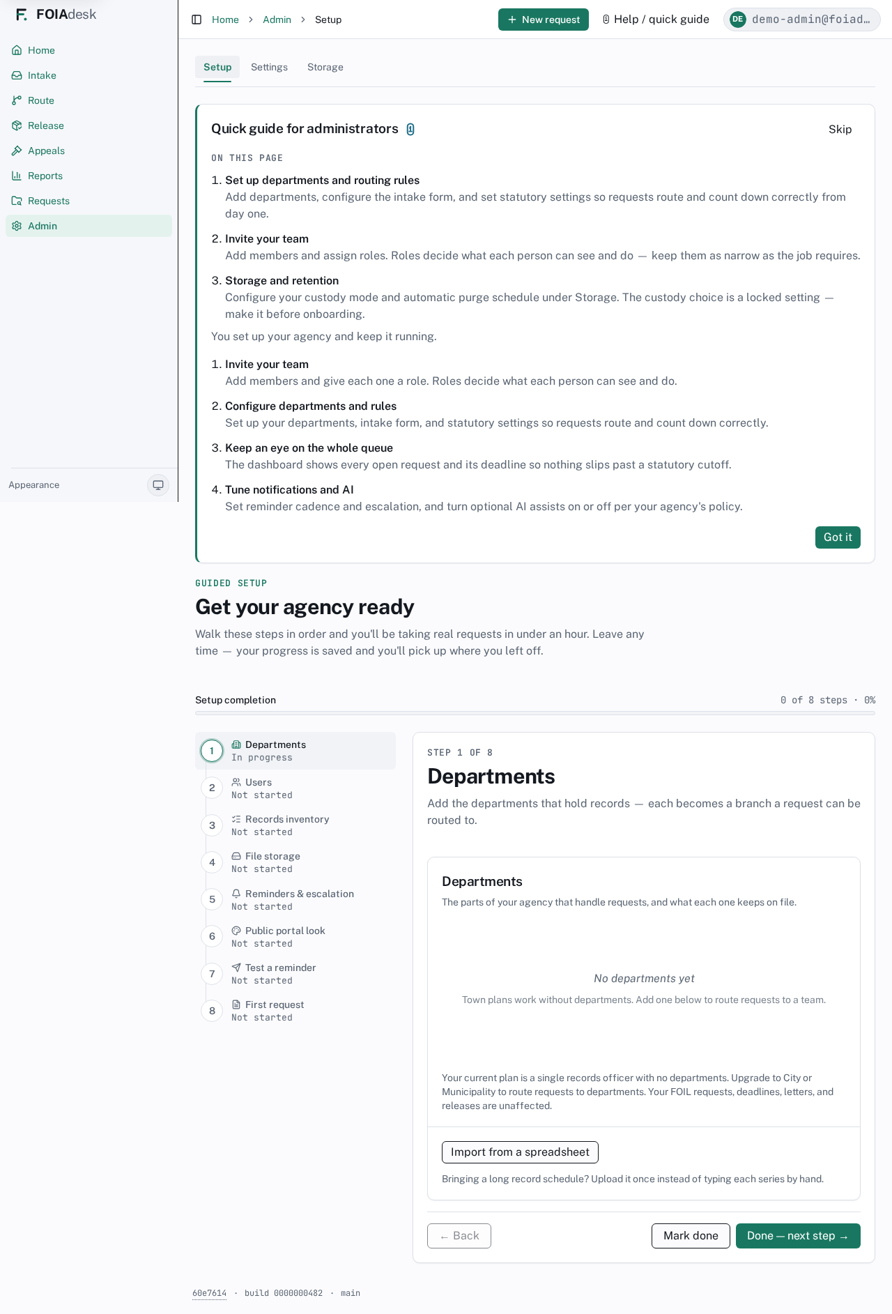 The guided Setup checklist walks a new agency through every essential step in order, saving progress so you can stop and resume.