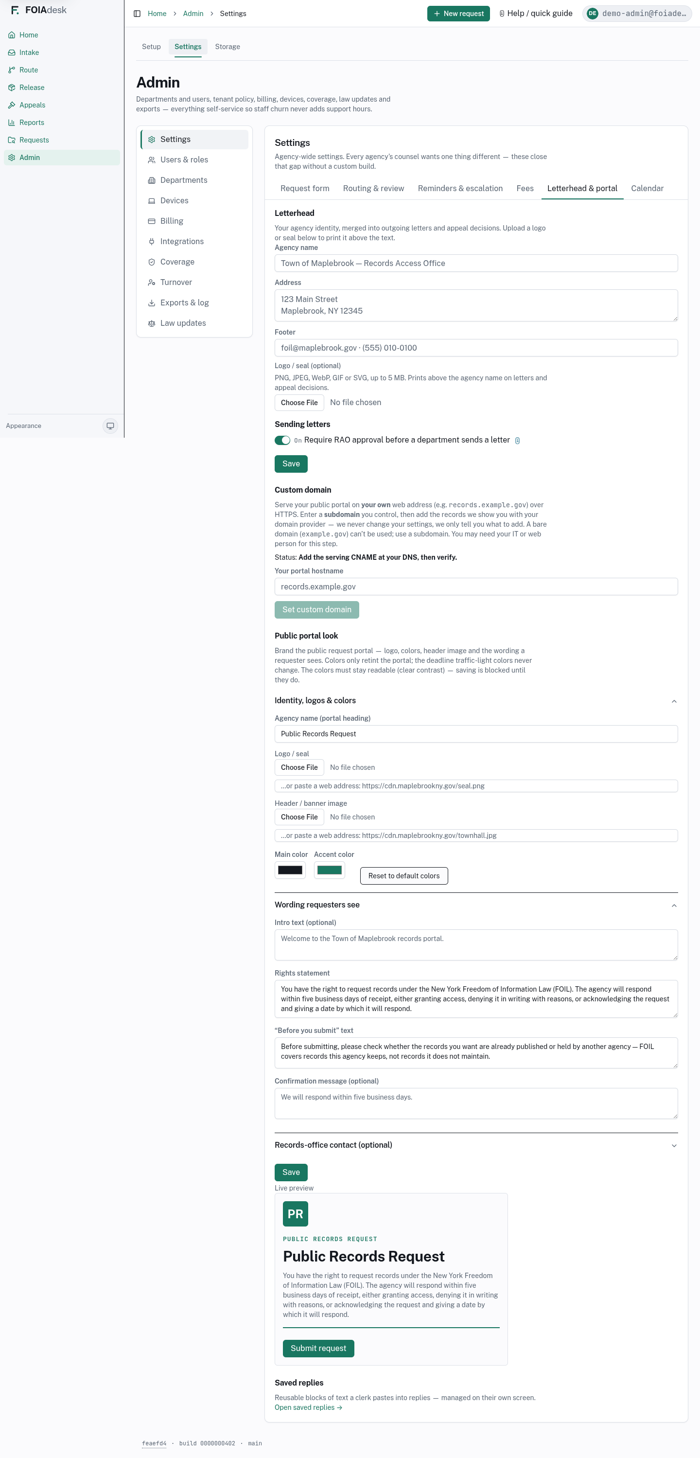 Letterhead & portal: your branding, a live portal preview, and the Custom domain panel where you point your own web address at FOIAdesk and read back its real status.