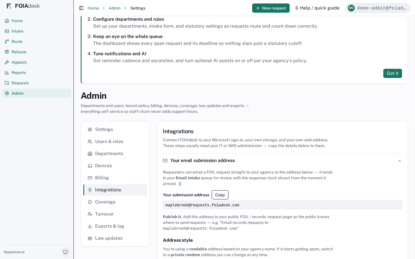 Integrations → Your email submission address: your agency's `…@requests.foiadesk.com` address with a Copy button, the readable-vs-private-random choice, and the button to rotate to a private random address.