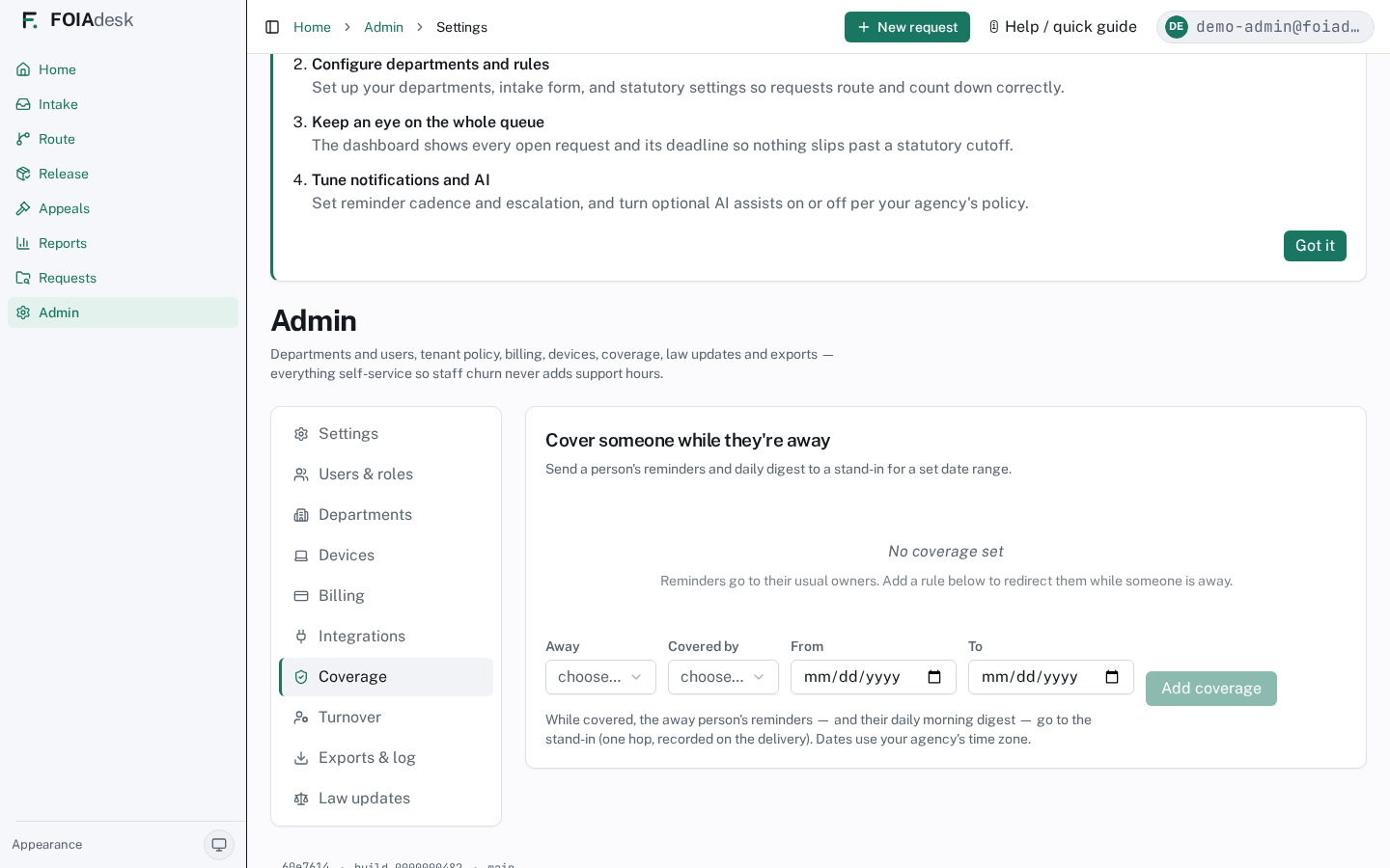 Coverage: send an away person's reminders and daily digest to a stand-in for a set date range.