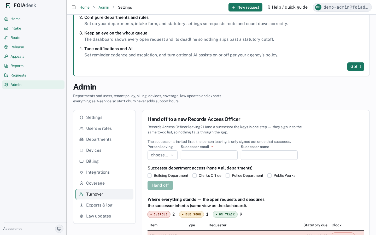 Turnover: retire the outgoing records officer and hand the successor the same state-of-the-desk the dashboard shows.