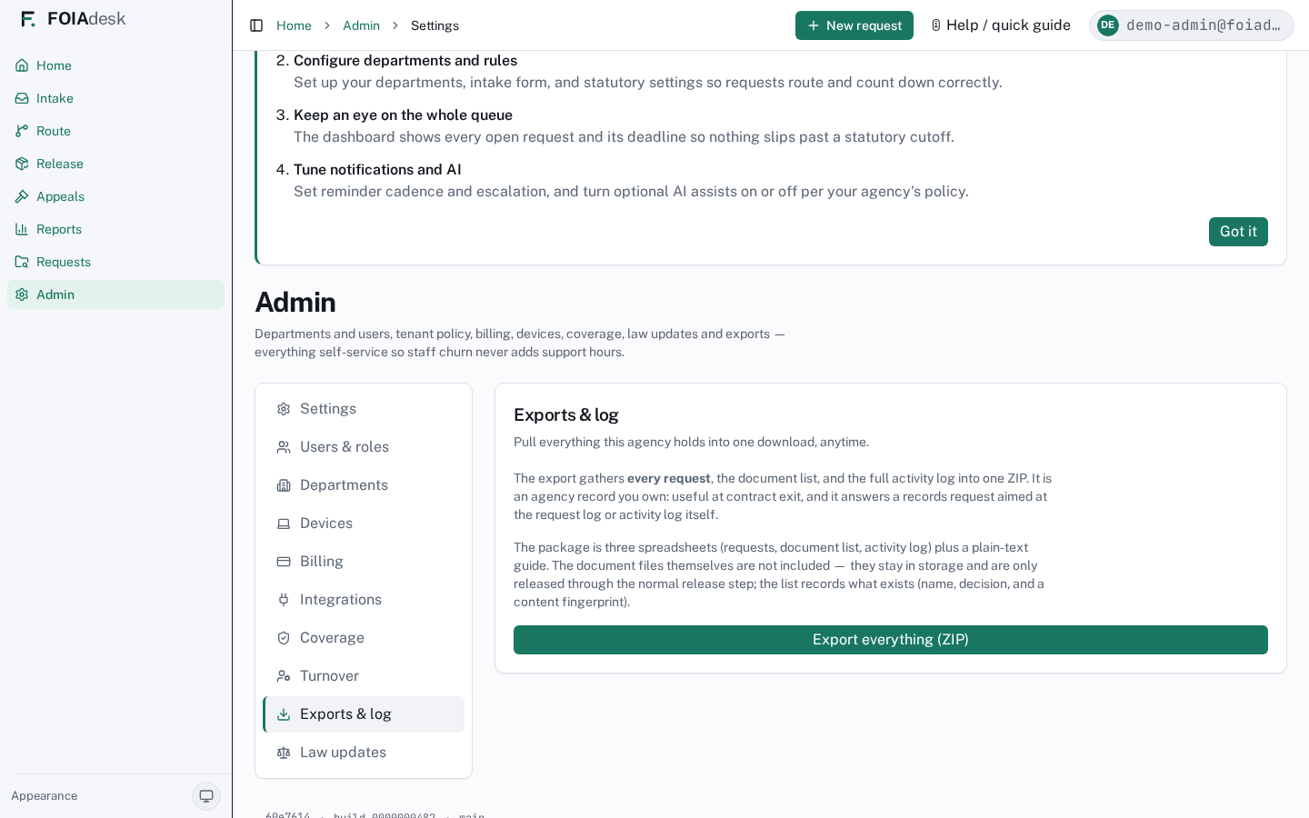 Exports & log: pull every request, the document list, and the full activity log into one ZIP.
