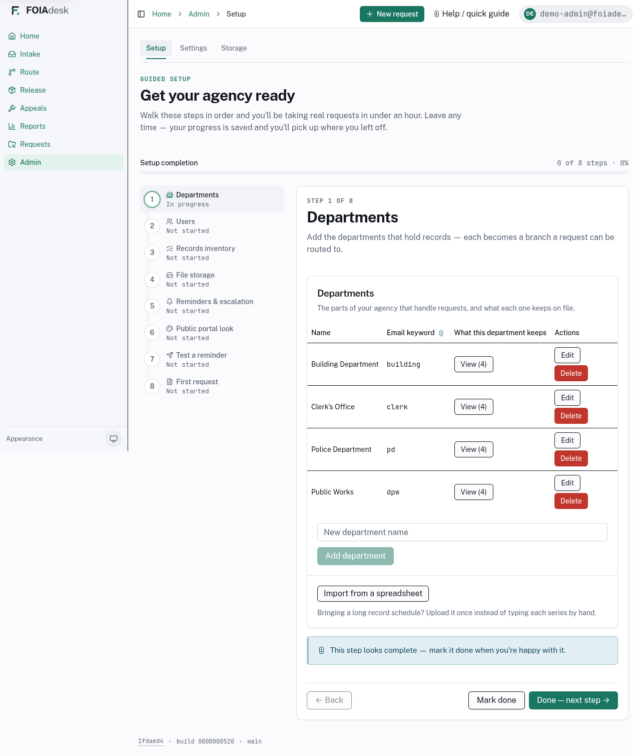 Step 1 of the guided Setup checklist: adding departments, each with an email keyword and a note on what it keeps.