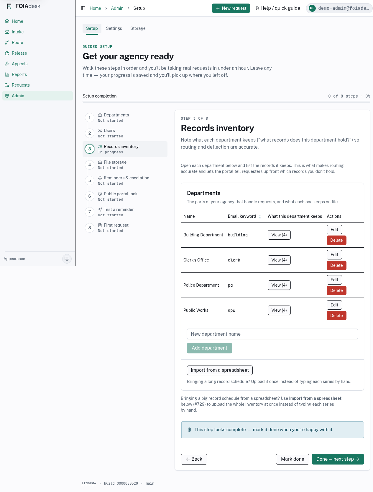 Step 3 of the guided Setup checklist: noting each department's records inventory.