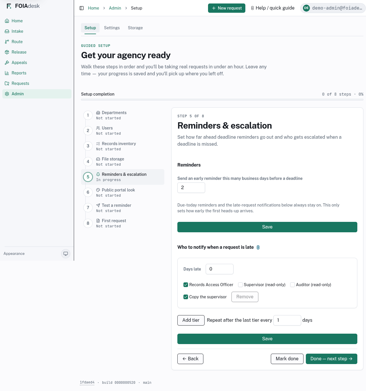 Step 5 of the guided Setup checklist: reviewing deadline reminder timing and the escalation chain.
