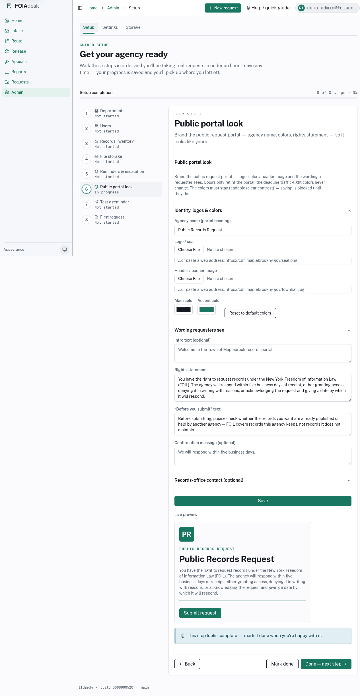 Step 6 of the guided Setup checklist: branding the public portal with a live preview.
