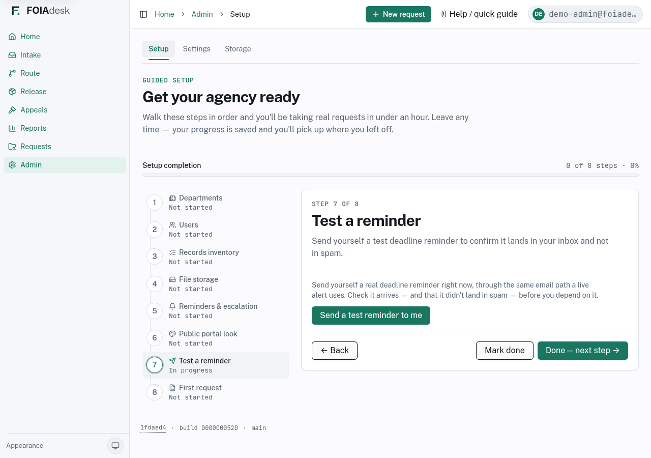 Step 7 of the guided Setup checklist: sending yourself a test deadline reminder.