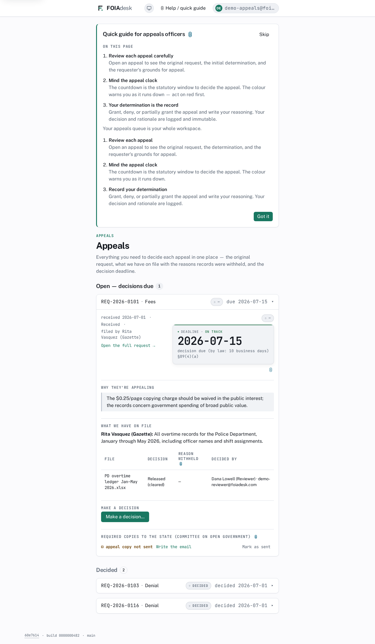 The single-screen Appeals workspace: an open appeal (REQ-2026-0103, a Denial) with its appeal clock, the original request, the records on file with their dispositions, and the Make a decision action.