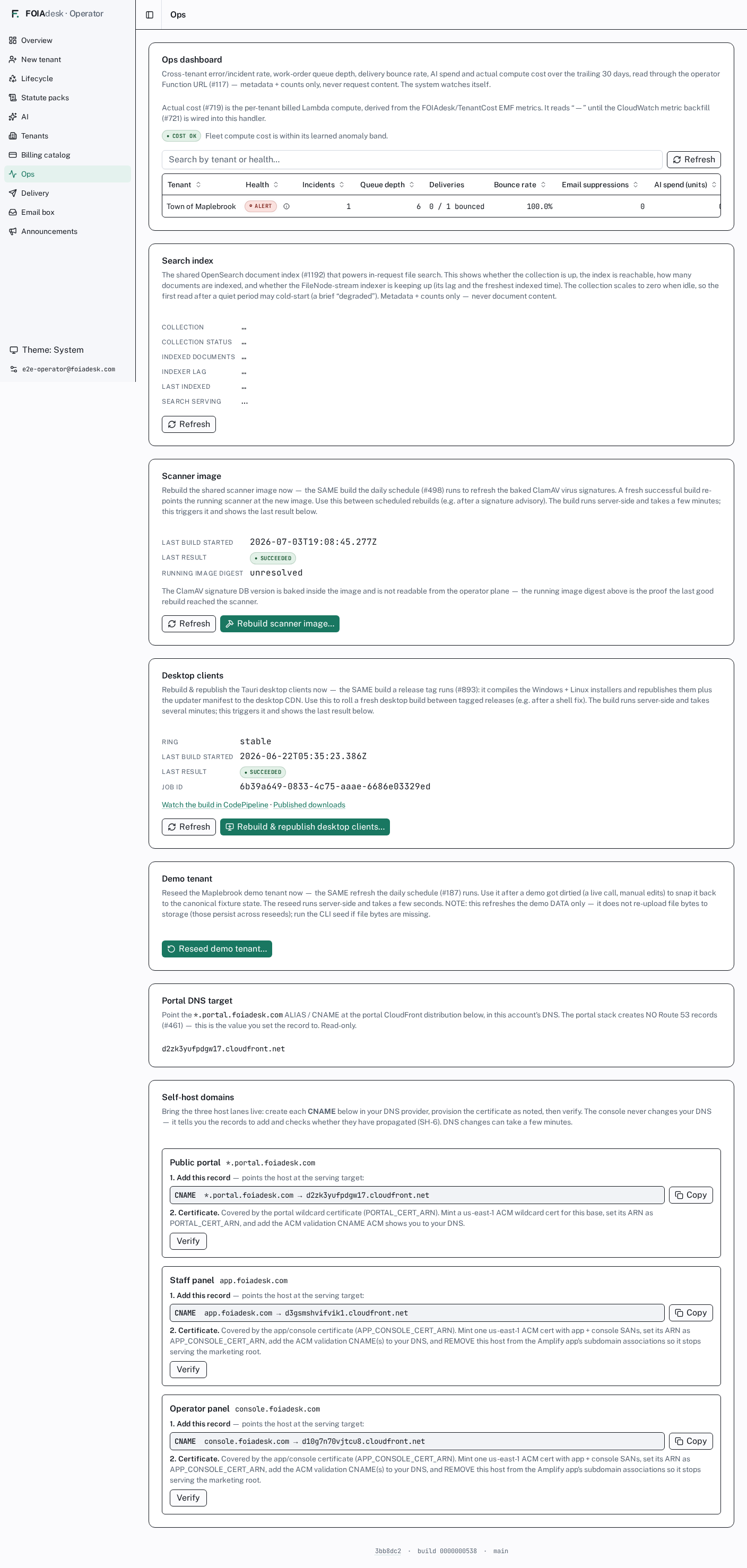Ops: the maintenance levers — search index health, scanner/desktop rebuilds, demo reseed, portal DNS target, and the self-host domain CNAME + Verify cards.