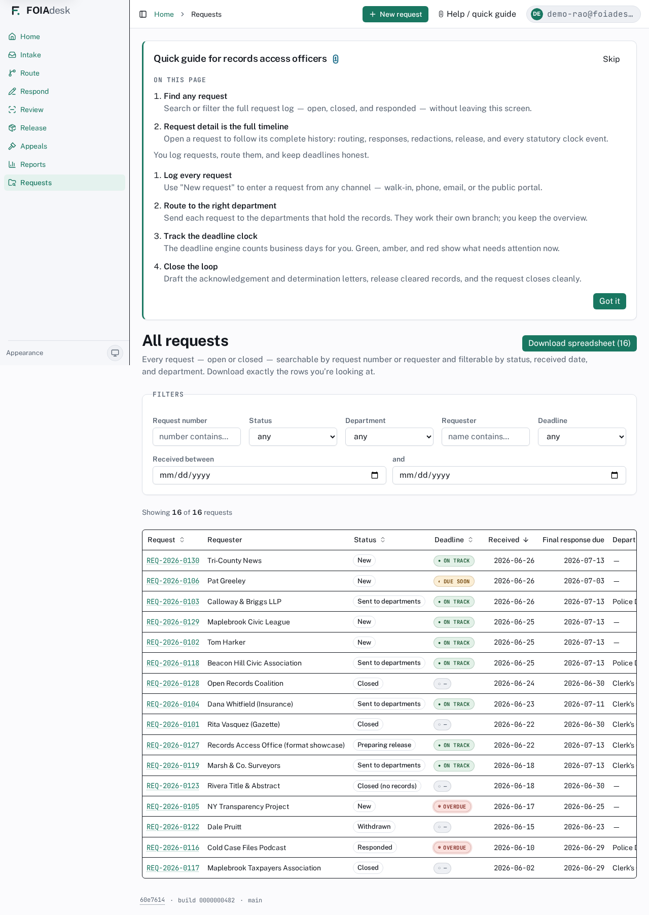 The Requests log: every request — open or closed — with requester, status, deadline state, received and final-response-due dates, and assigned departments, all searchable and filterable.