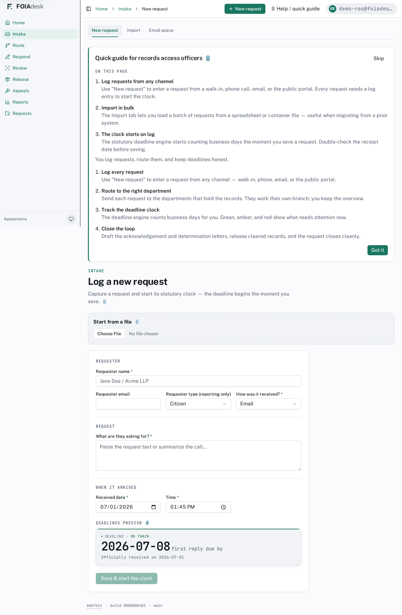 Log a new request: requester details, the request text, when it arrived, and a live deadline preview.