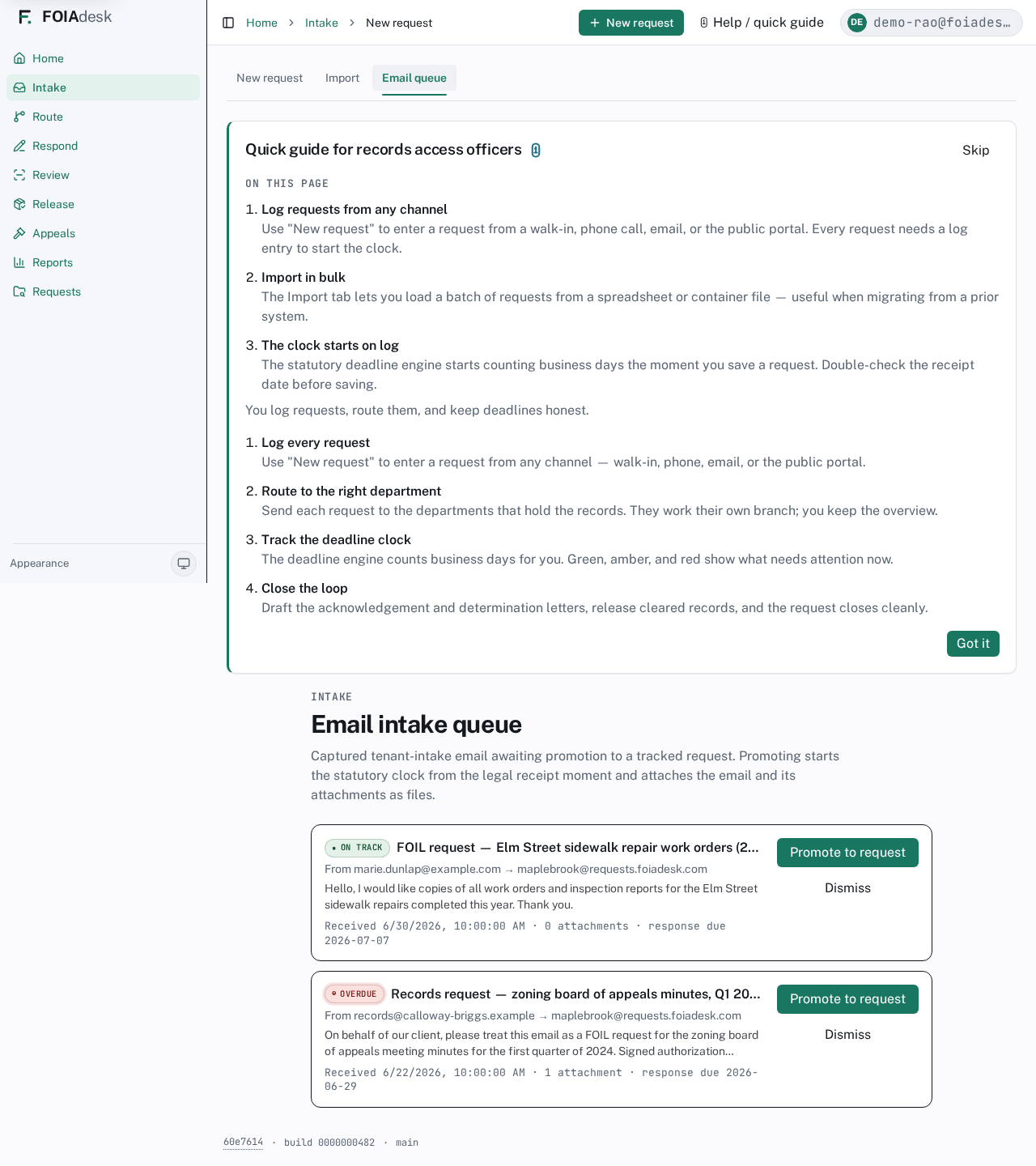 The Email intake queue: captured emails awaiting promotion to a tracked request — nothing is filed automatically.