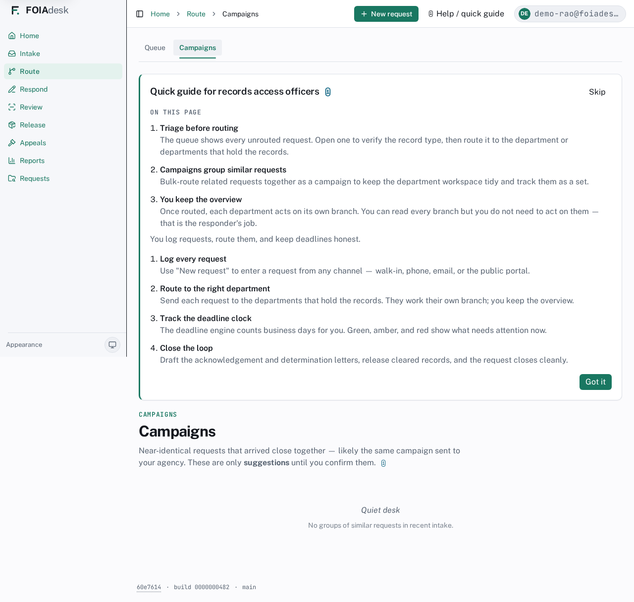 The Campaigns tab in Route: groups of near-identical requests that arrived close together, surfaced as suggestions to handle as a set.