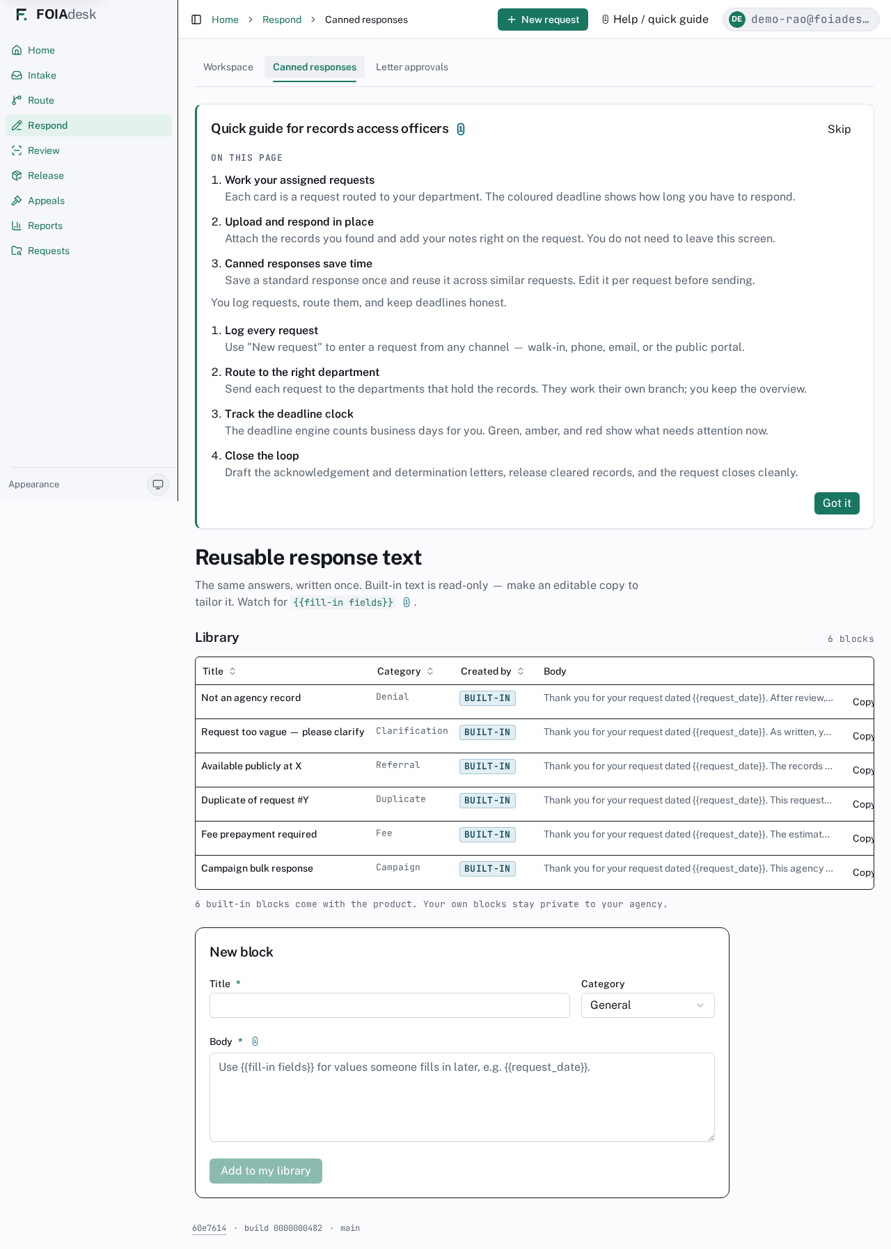 The Canned responses library: reusable text blocks with a title, category, and body, plus a form to add your own.