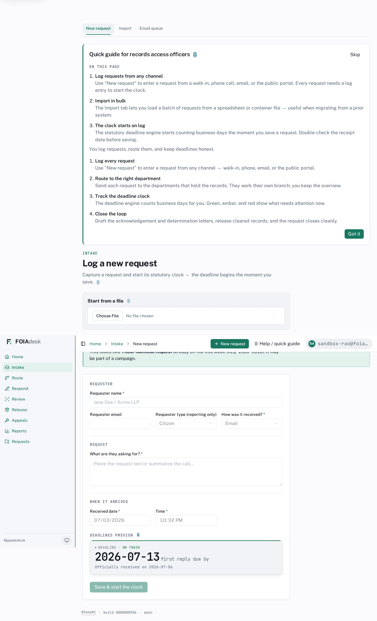 The intake-time banner showing a suspected duplicate or campaign grouping, naming the near-identical requests already on file this week, with links to review the campaign or skip.