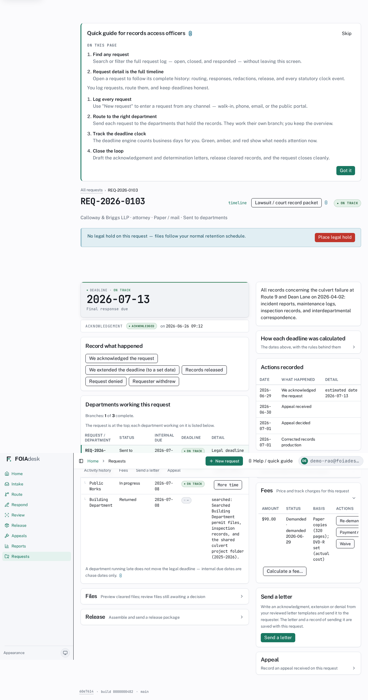 The Fees panel on a request: each charge with its amount, status, basis, and the Re-demand, Payment received, and Waive actions.
