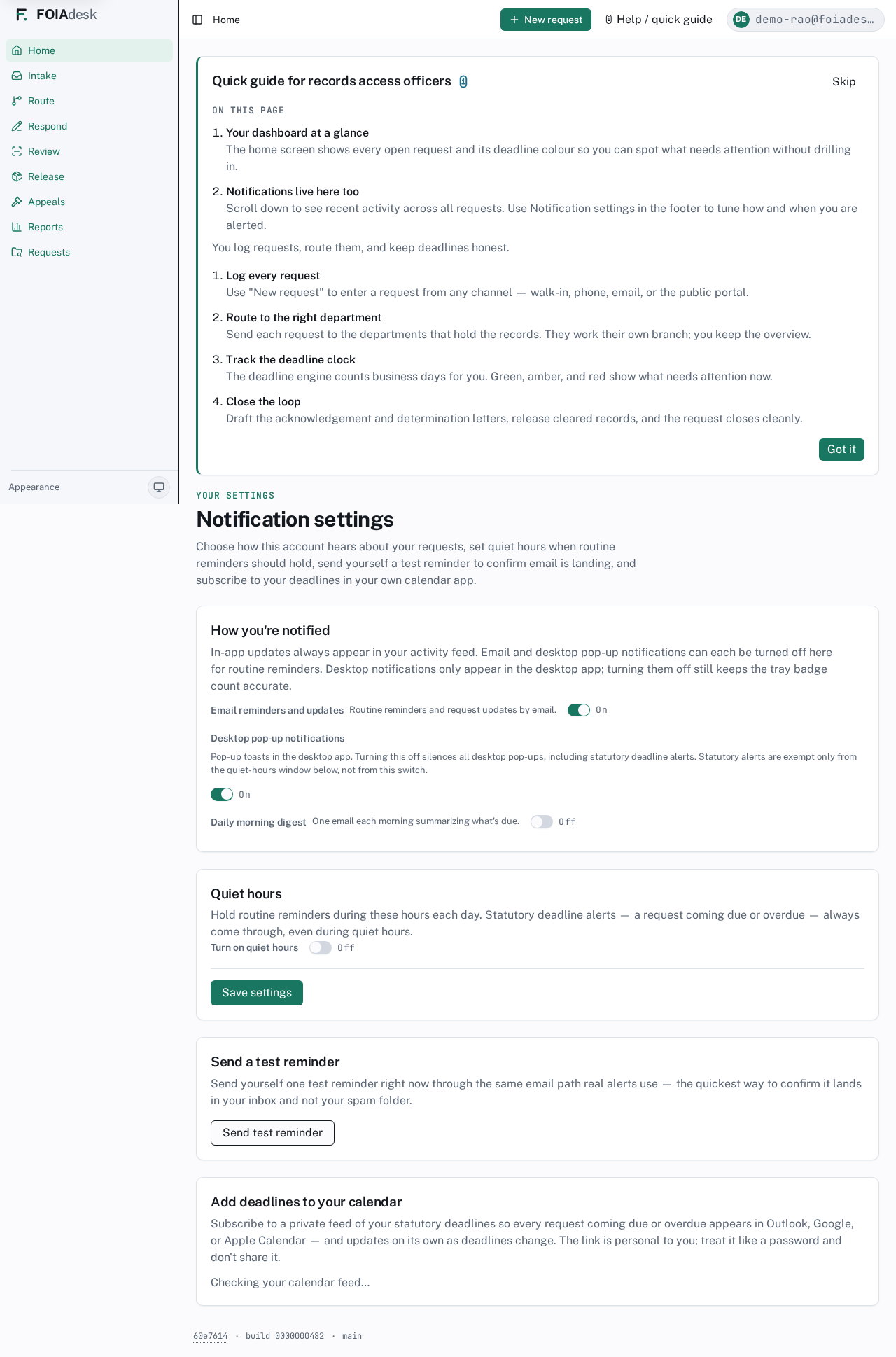 Notification settings: toggles for how you're notified, quiet hours, a Save settings button, a test-reminder button, and a calendar subscription.