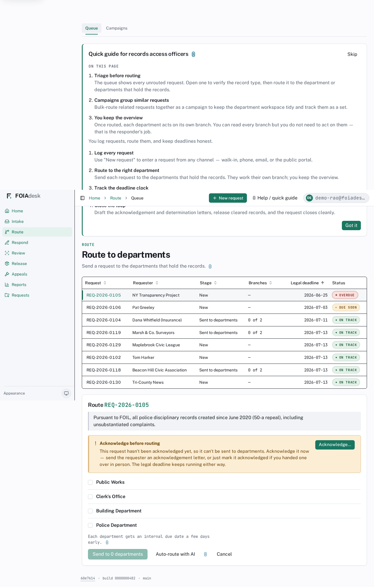 The route panel with the acknowledge-before-routing gate, department checkboxes, and the Auto-route with AI button beside Send.