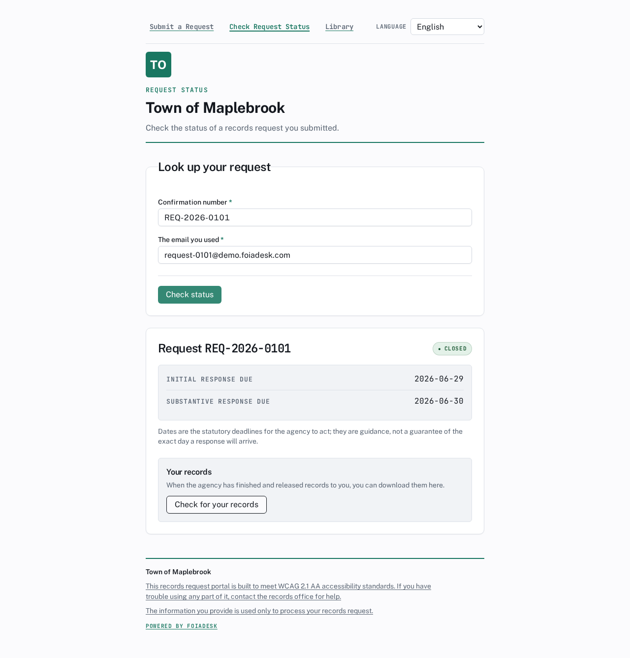 The Check Request Status page: look up a request with its confirmation number and the email you used.