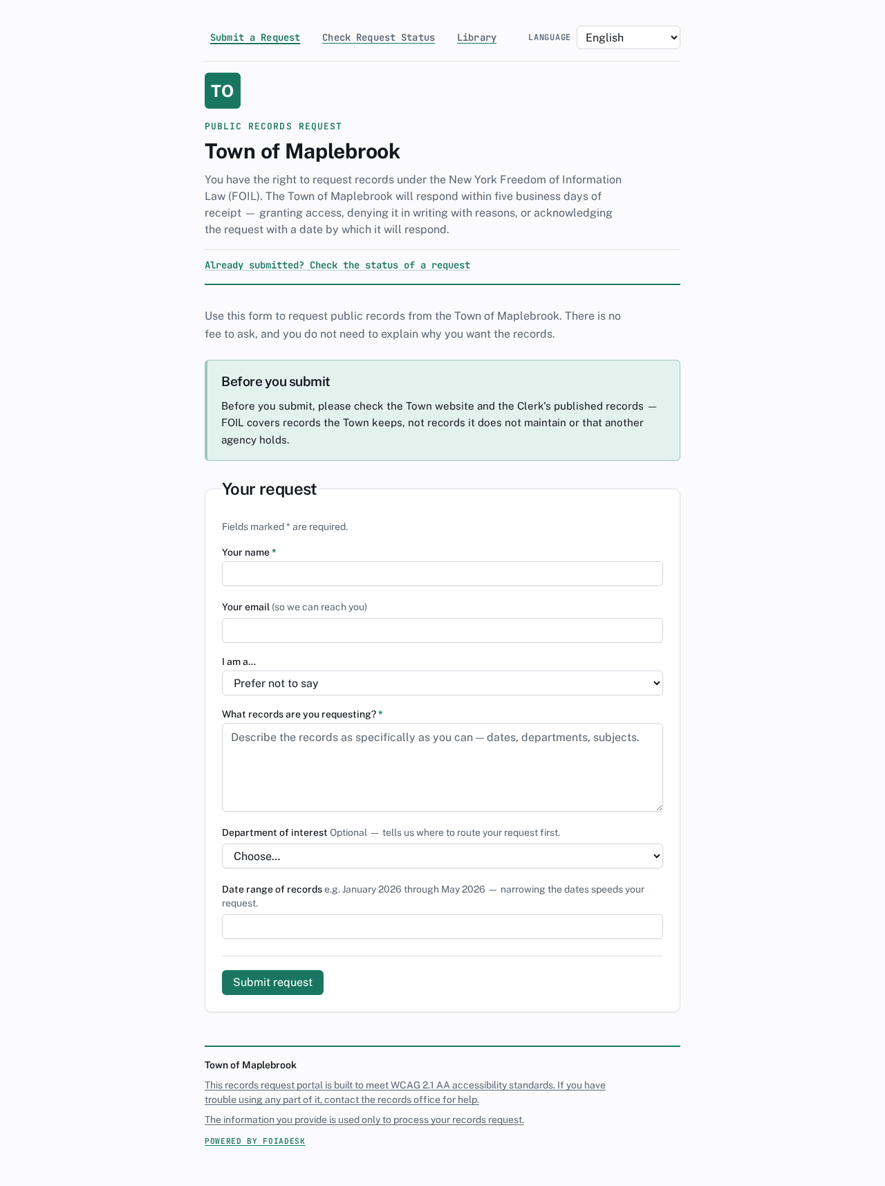The request form: required name and records-description fields, an optional 