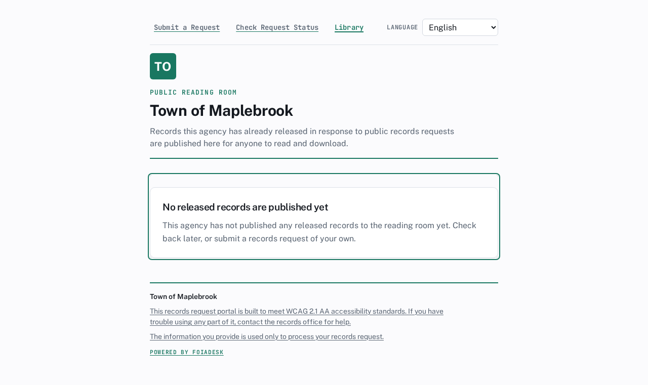 The public reading room (Library): released records published for anyone to read and download, here showing the empty state before anything has been published.