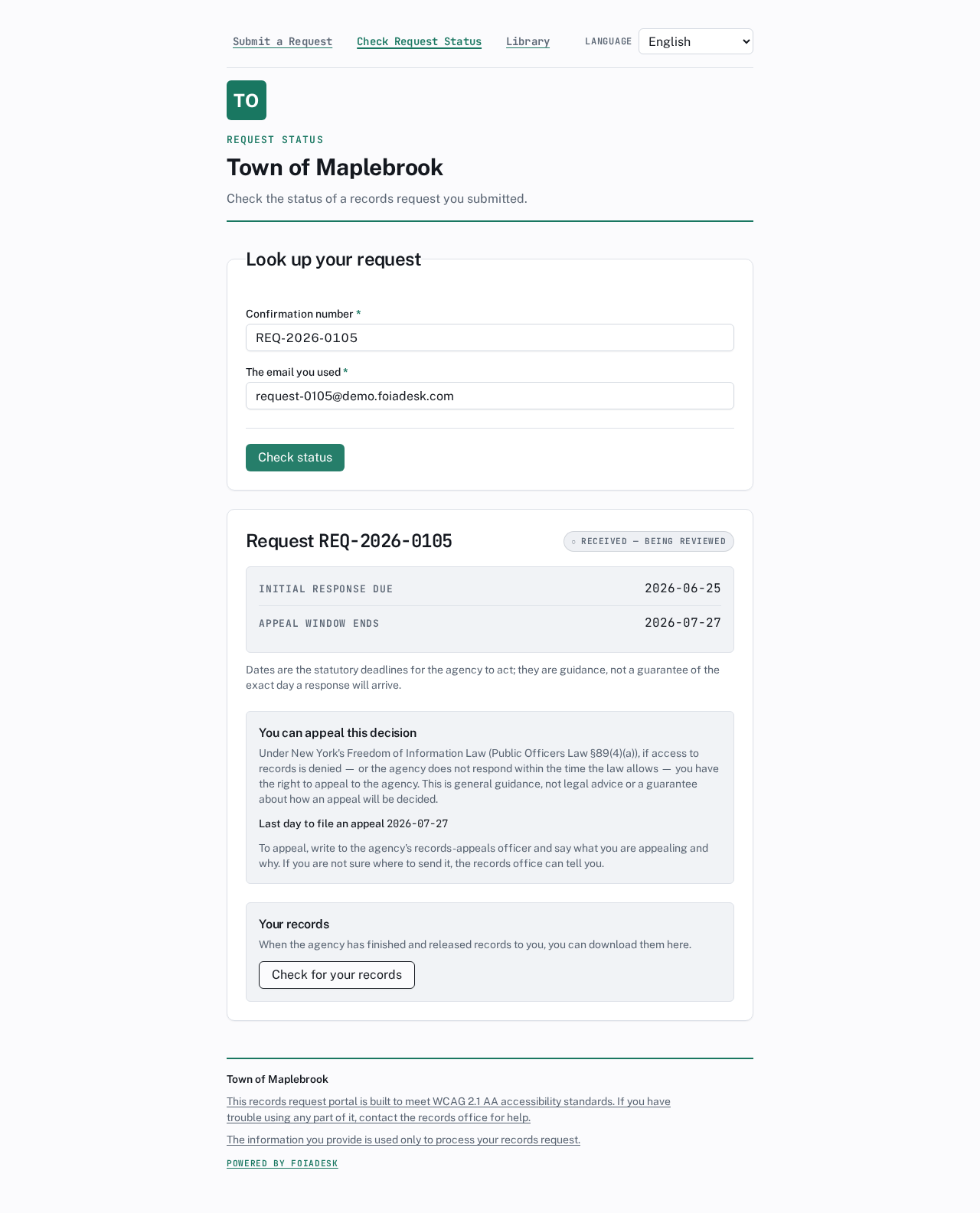 A status page showing the 