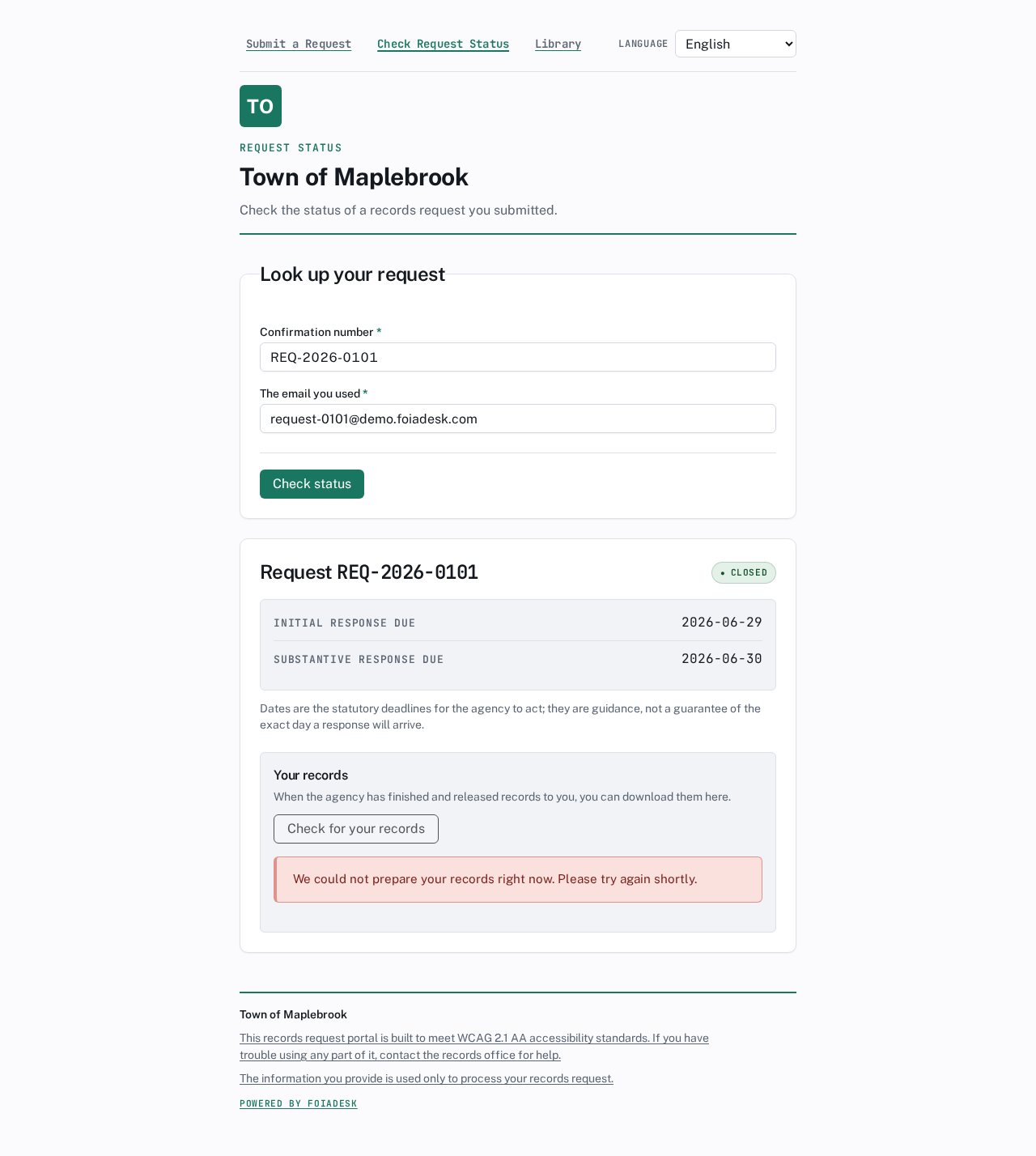A closed request's status page with the 