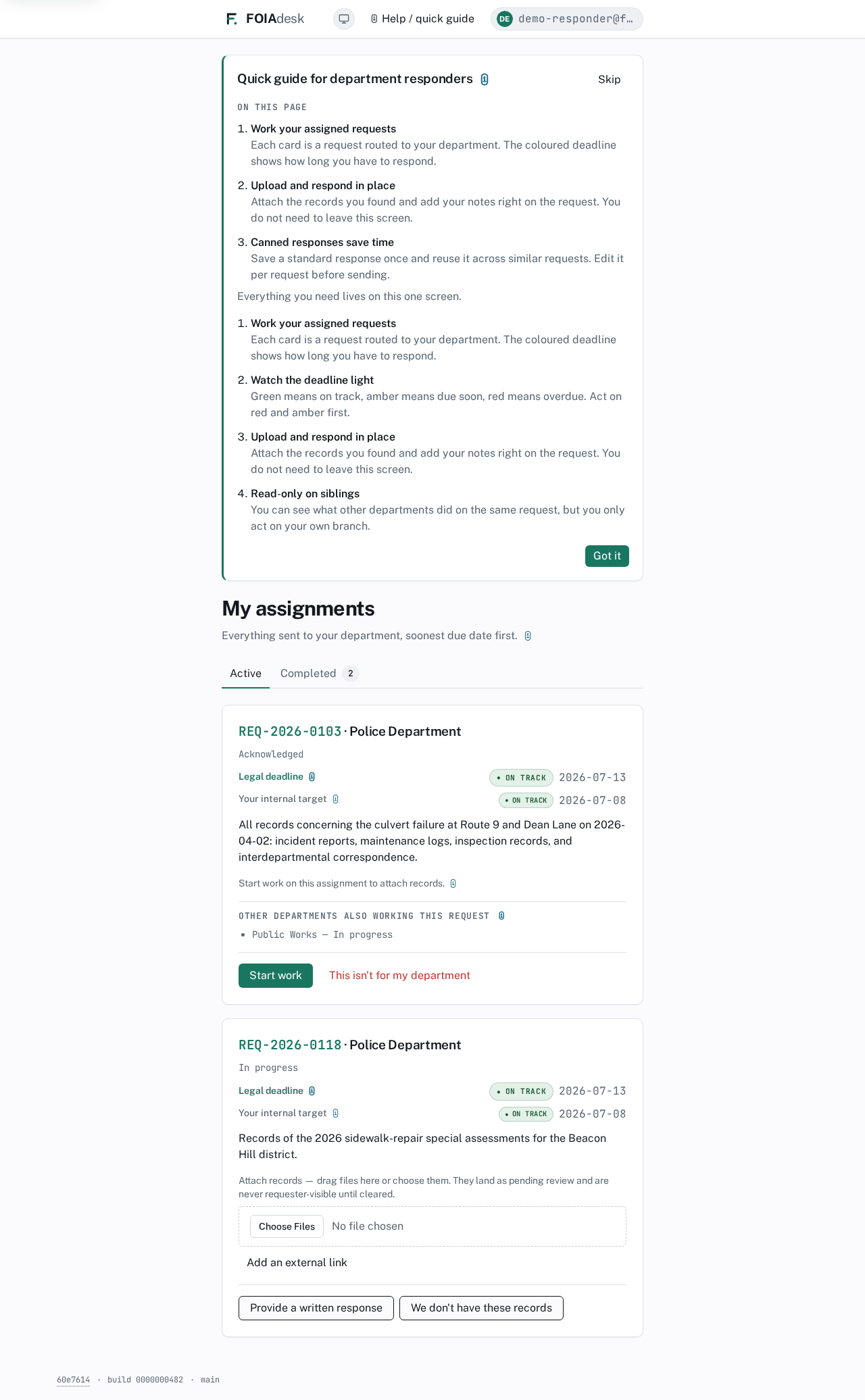 My assignments: the Active and Completed tabs, each card a request routed to your department with its legal deadline, your internal target, and the actions you take in place.