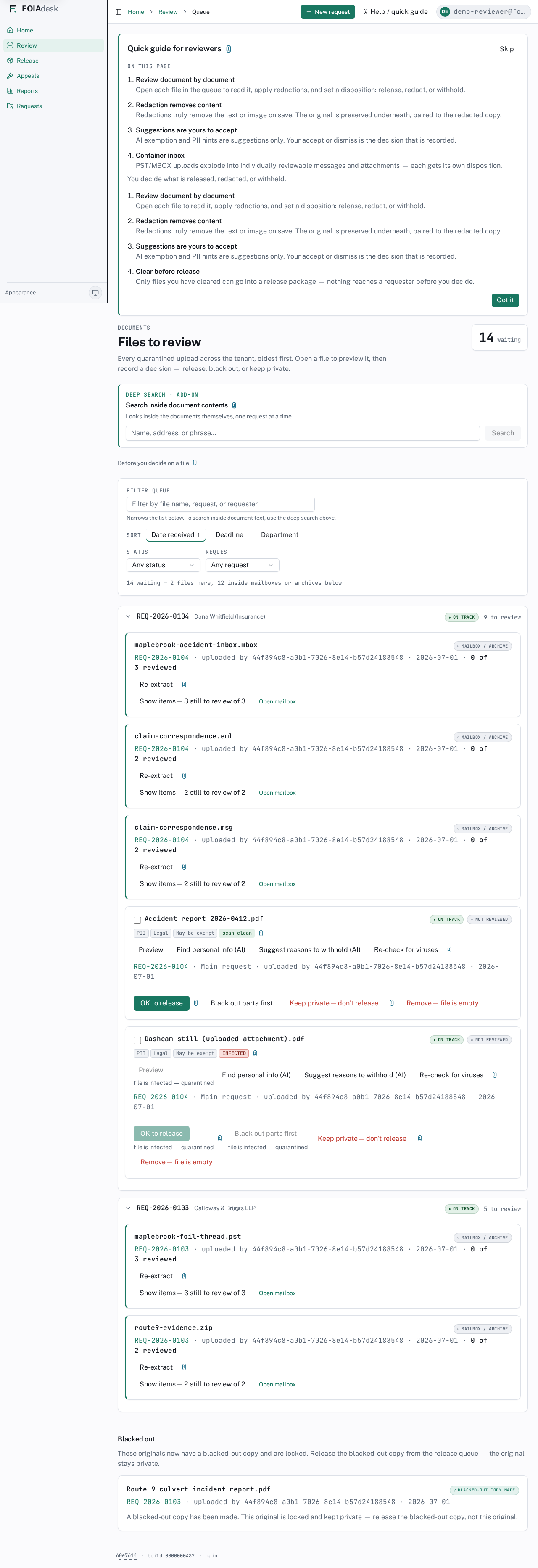 Files to review: the waiting counter, deep-search box, filter and sort controls, files grouped by request, and container cards you open to review the items inside.