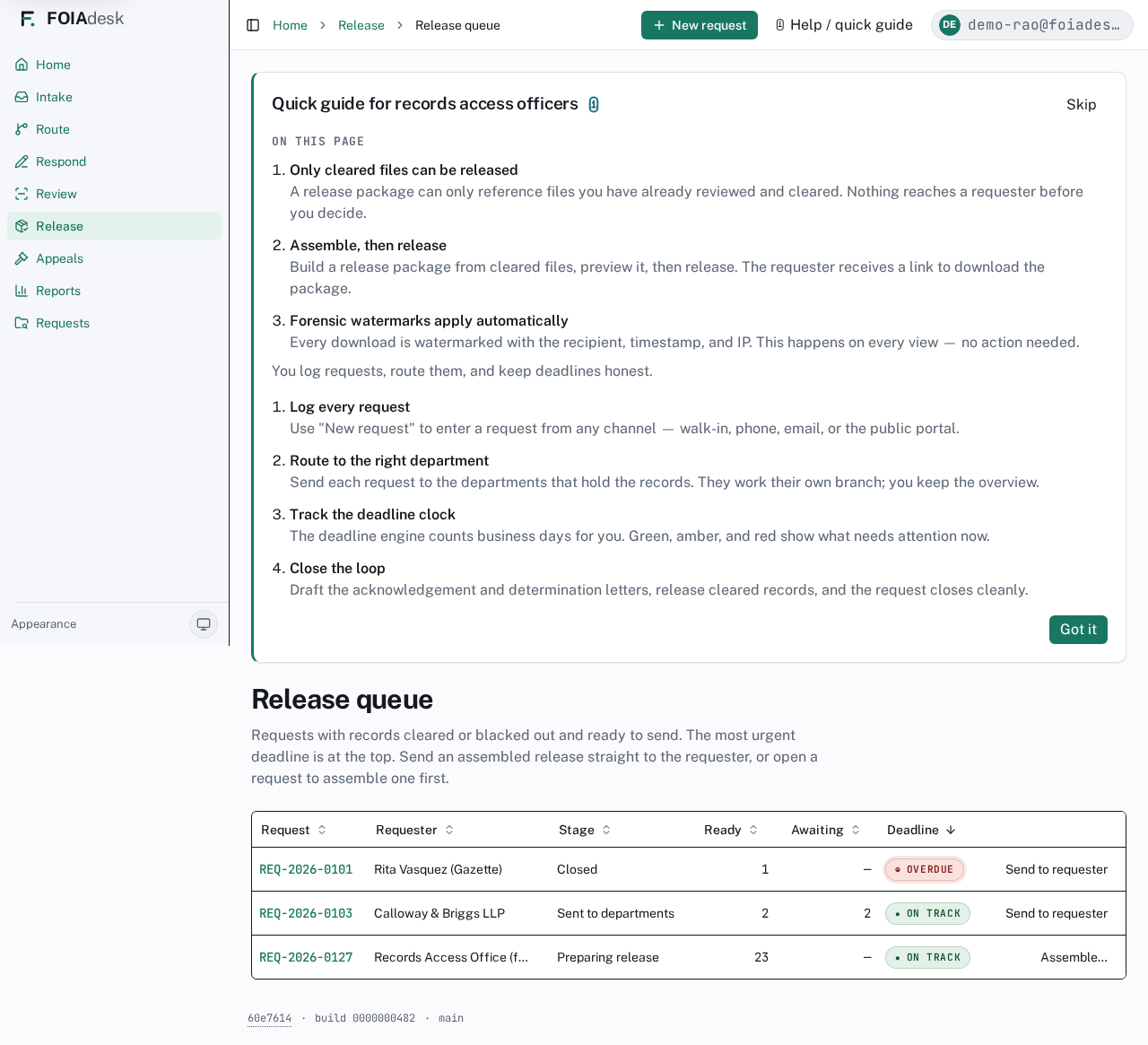 The Release queue: requests with records ready to send, ready-to-release and awaiting-returns counts, deadline, and Assemble or Send to requester actions.
