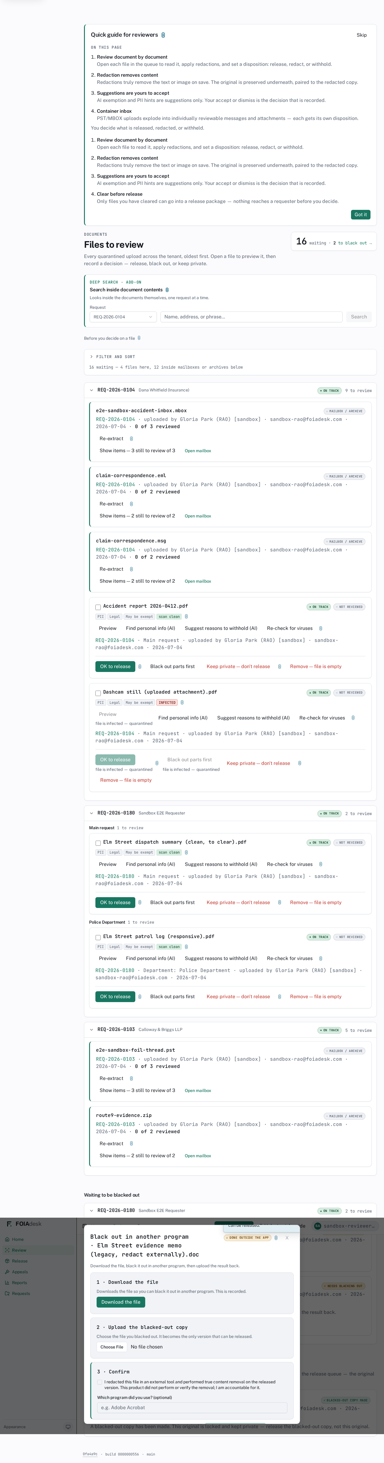 The external-redaction editor: download the original, upload the blacked-out copy, and confirm the attestation before saving it as the release artifact while the original locks internally.