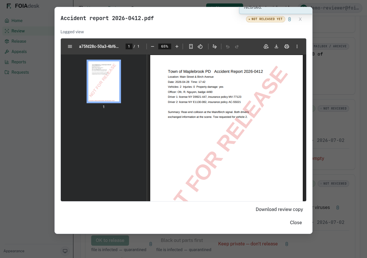 The in-app preview pane rendering a document — page thumbnails, the watermarked page, and a download-review-copy link, with the file's disposition and AI-assist controls just behind it.