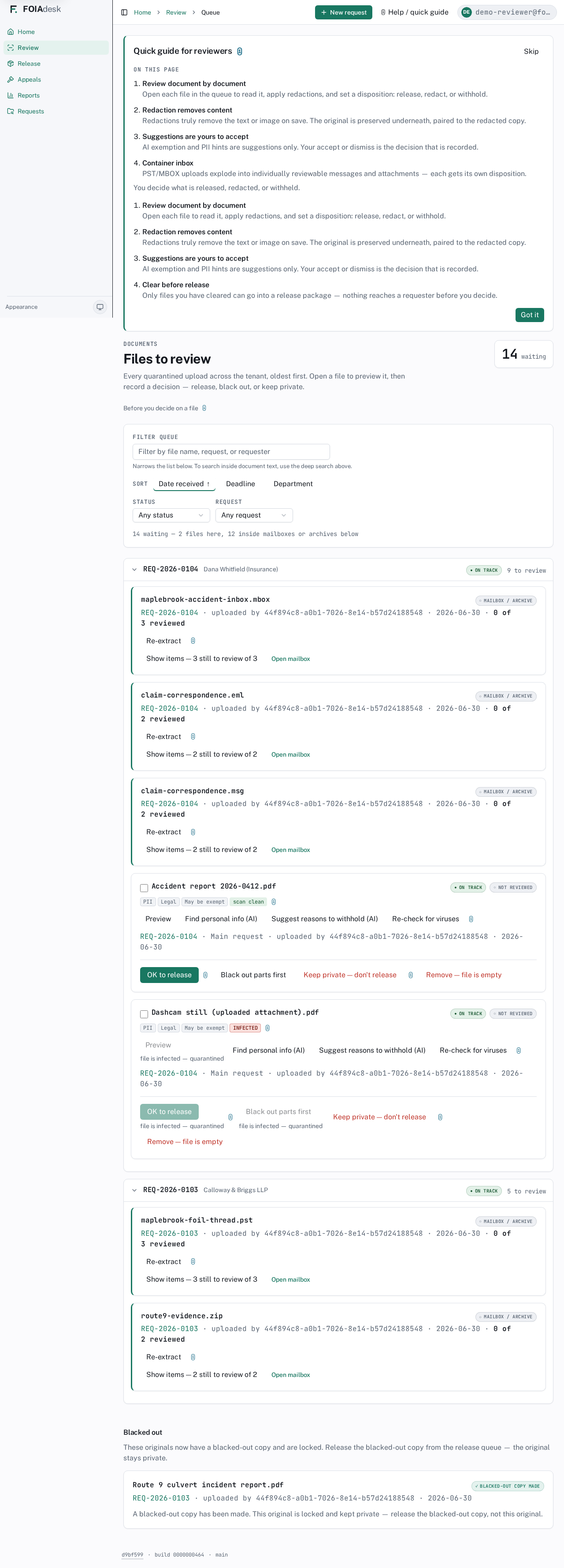 A quarantined file in the queue: the INFECTED badge, the file is infected — quarantined note, and the release and black-out actions disabled.