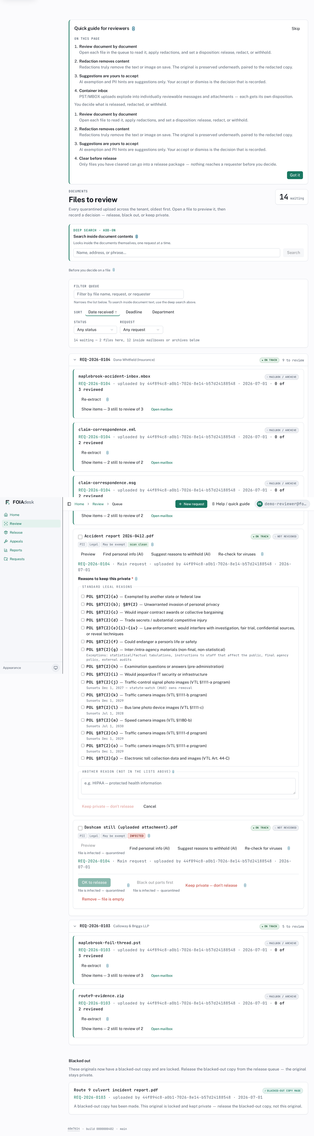 The withhold panel: the §87(2) exemptions as a labelled checklist, with a free-text box for any reason not in the list.